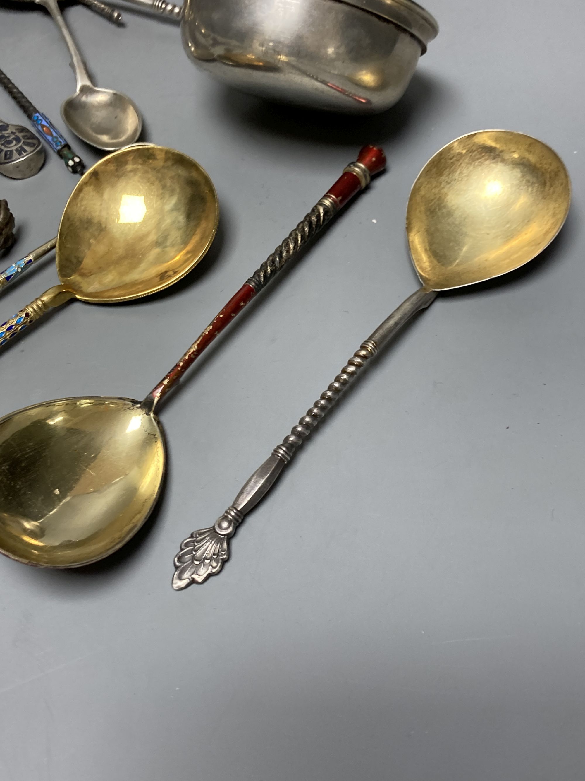 A small quantity of Russian style metal items including spoons (some with enamel) dishes, bowl etc.